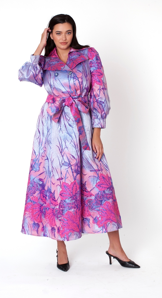 Floral Jacquard Belted Midi Dress - 9850