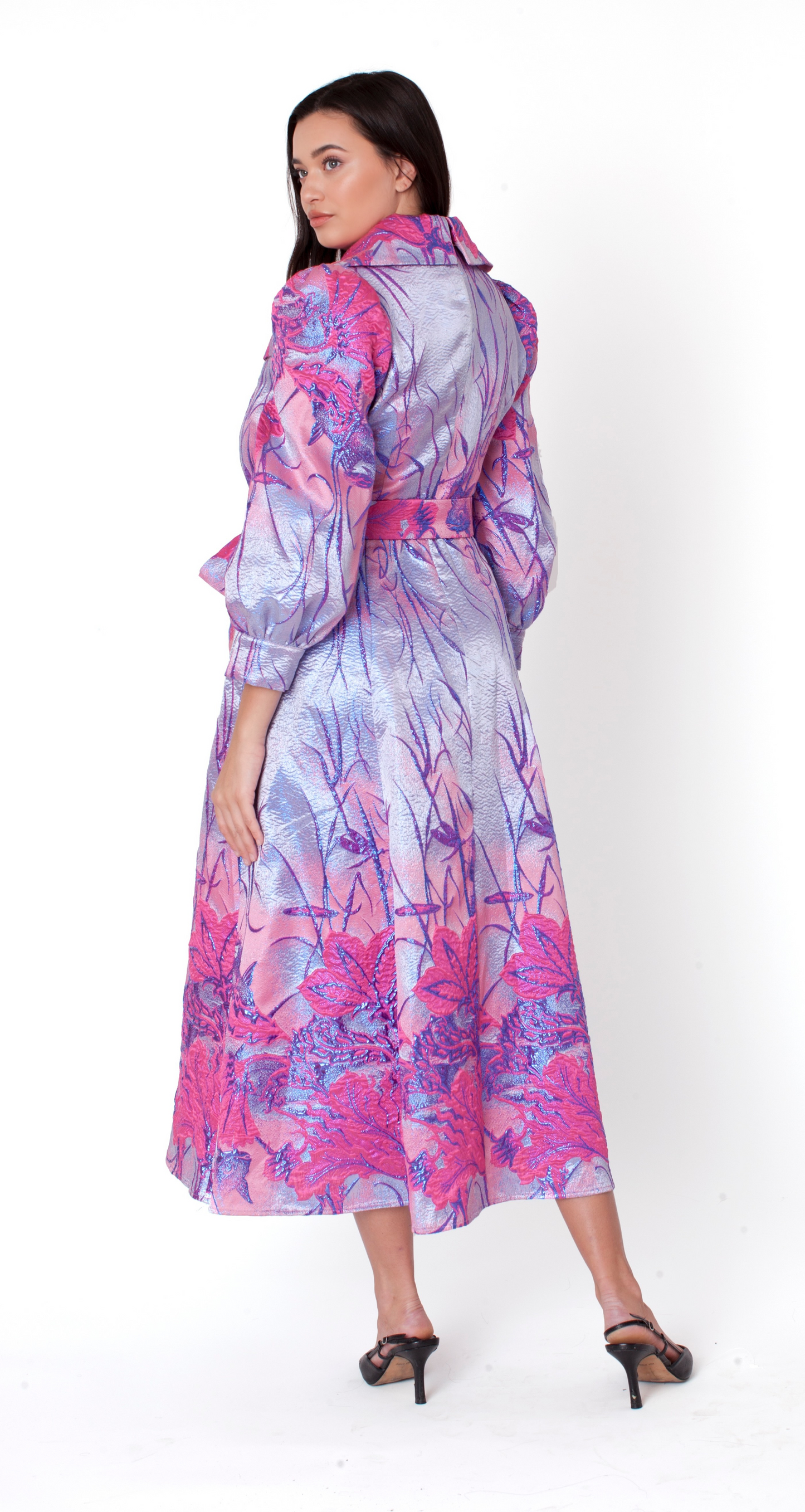 Floral Jacquard Belted Midi Dress - 9850