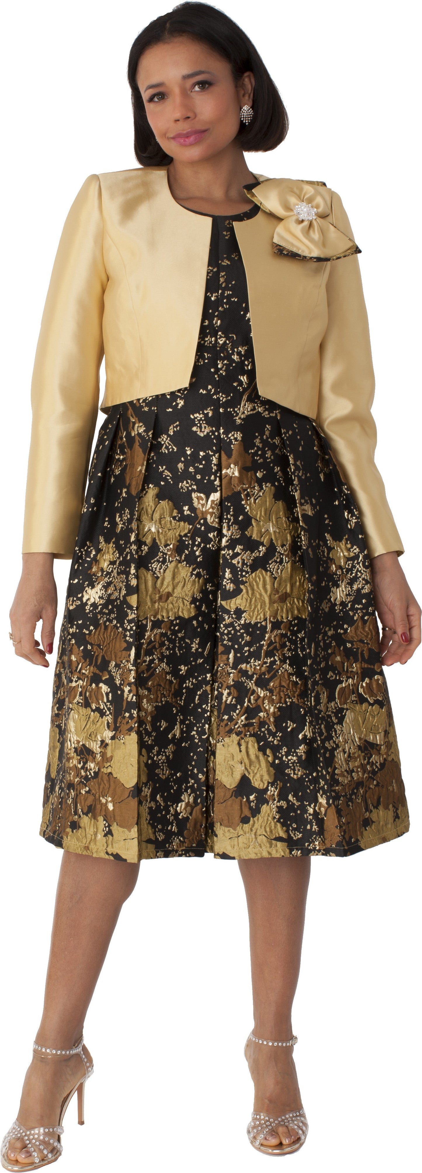 Brocade Dress Set with Jacket & Brooch