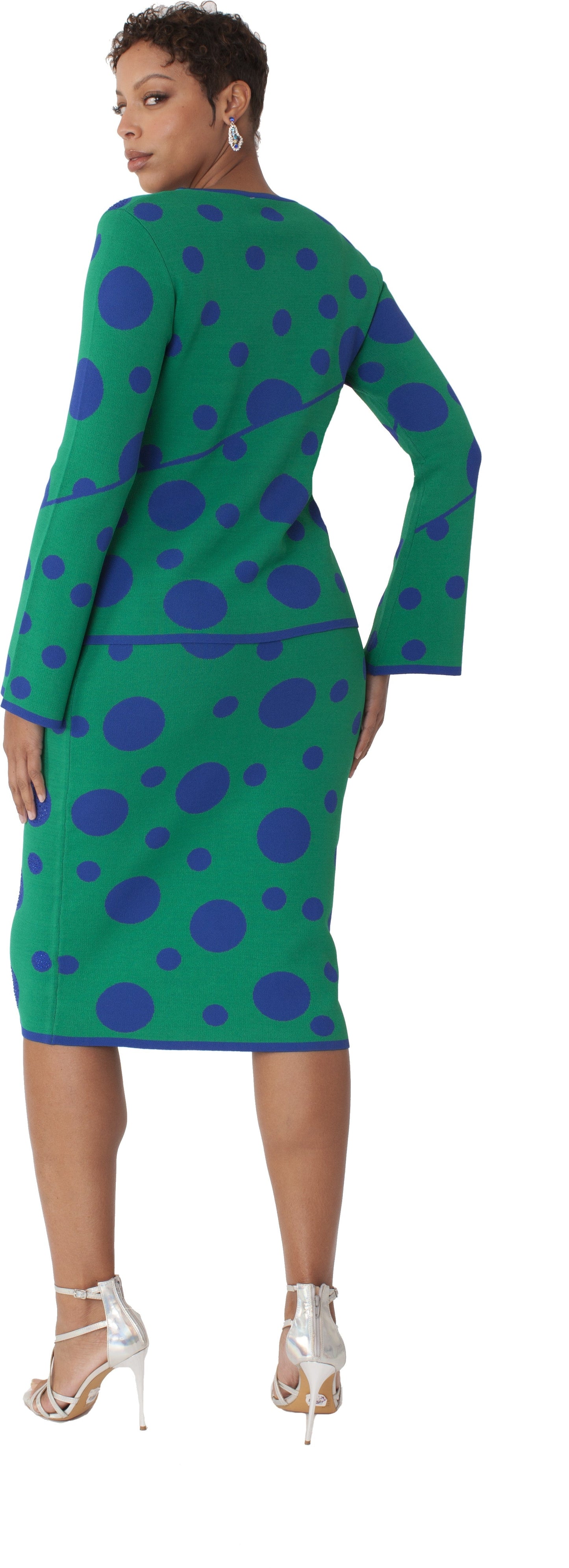 Green & Blue Polka Dot Knit Skirt Suit