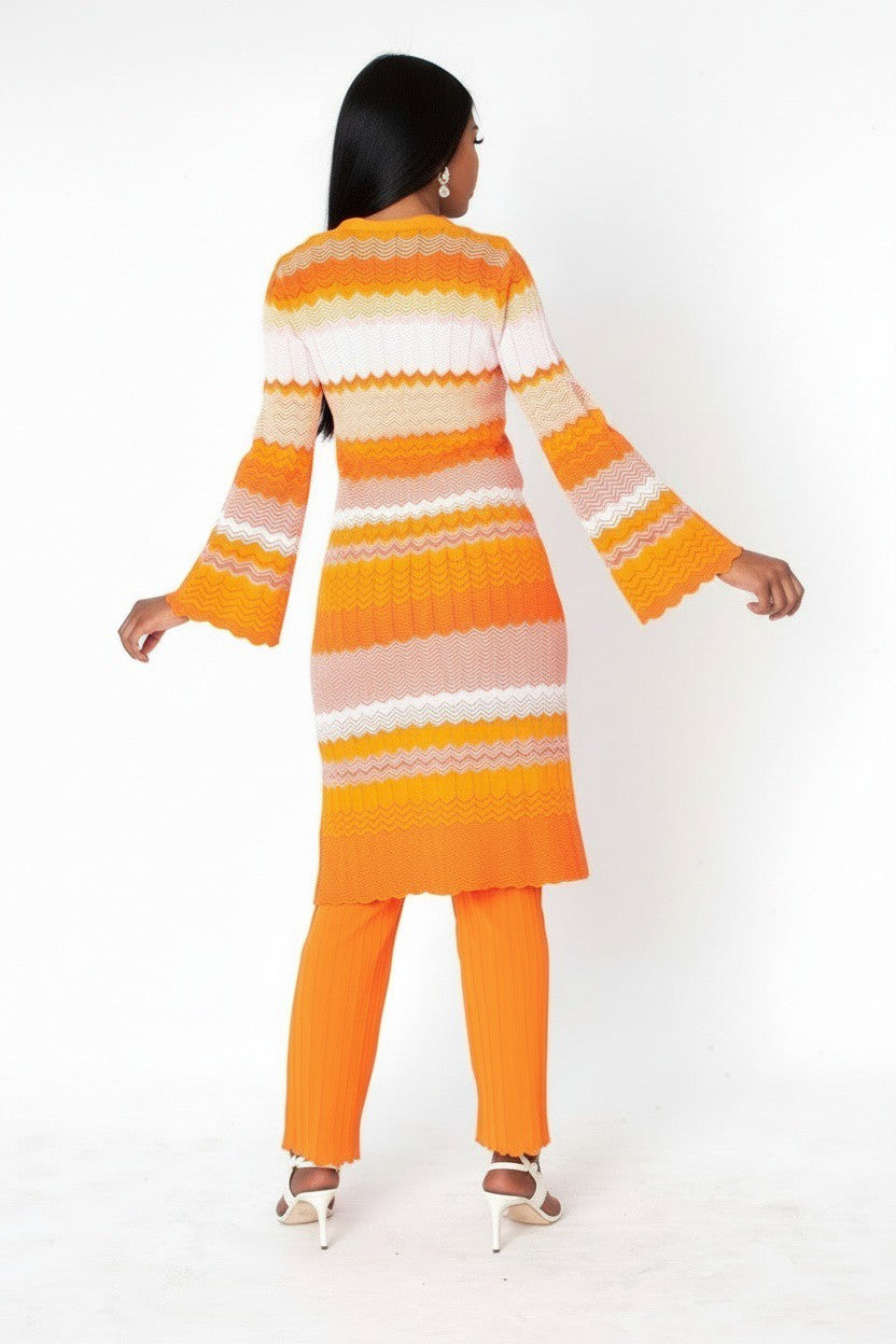 Orange multi chevron knit dress and pant set 51013 back view showing long sleeve knit dress length and matching straight-leg pants – Tally Taylor