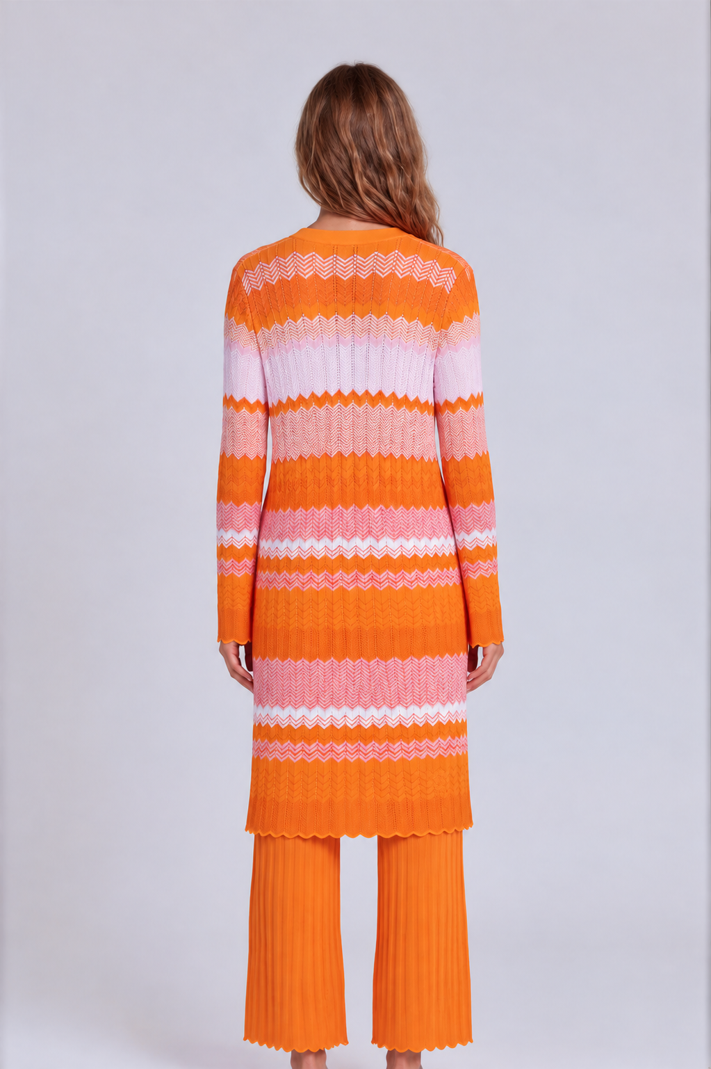 Orange multi chevron knit dress and pant set 51013 back view showing long sleeve knit dress length and matching straight-leg pants – Tally Taylor
