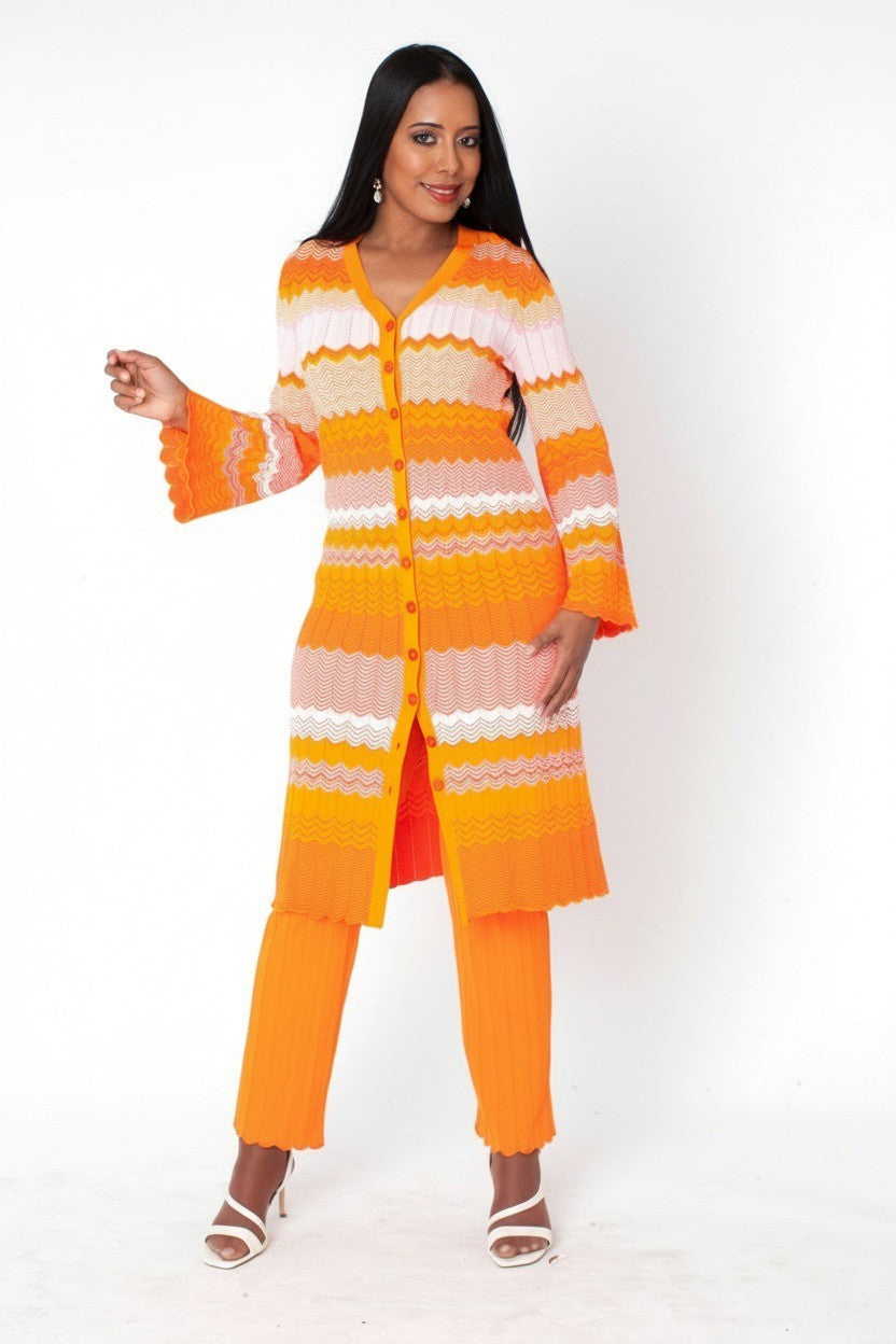 Orange multi chevron knit dress and pant set 51013 front view with model standing angled, button-front long sleeve knit dress layered over matching pants – Tally Taylor
