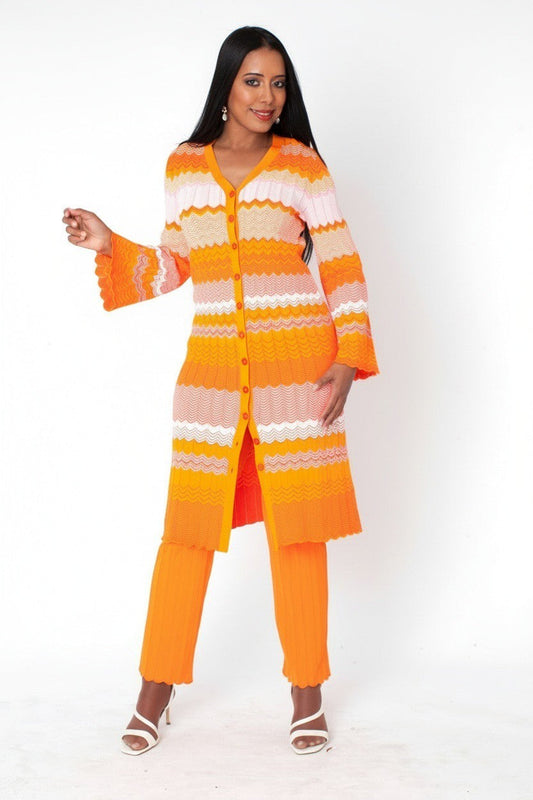 Orange multi chevron knit dress and pant set 51013 front view with model standing angled, button-front long sleeve knit dress layered over matching pants – Tally Taylor