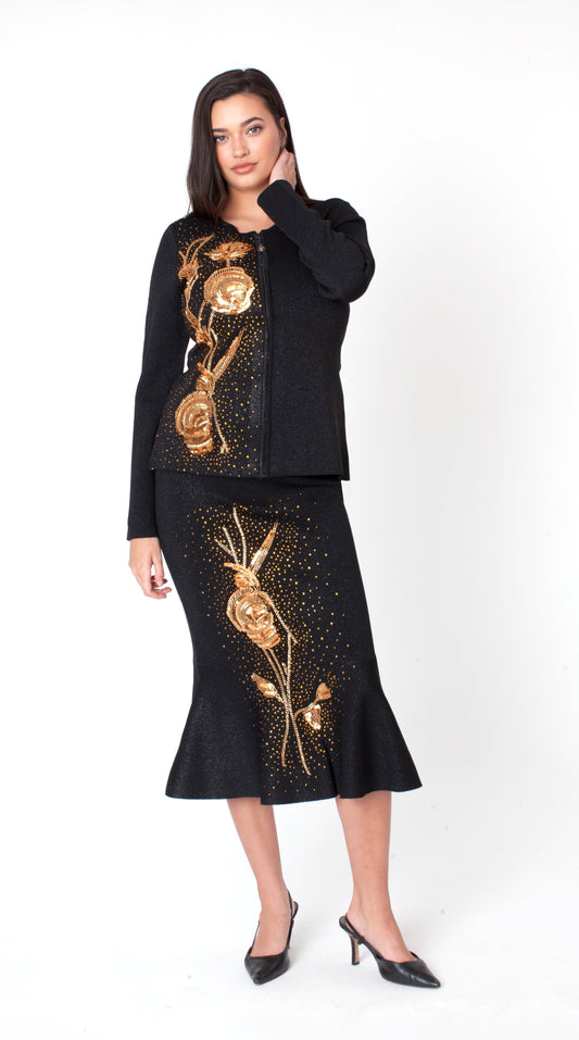 Gold and black embellished knit skirt suit set 5395 front view with model standing angled, fitted jacket and flared midi skirt featuring gold embellishment detail – Tally Taylor