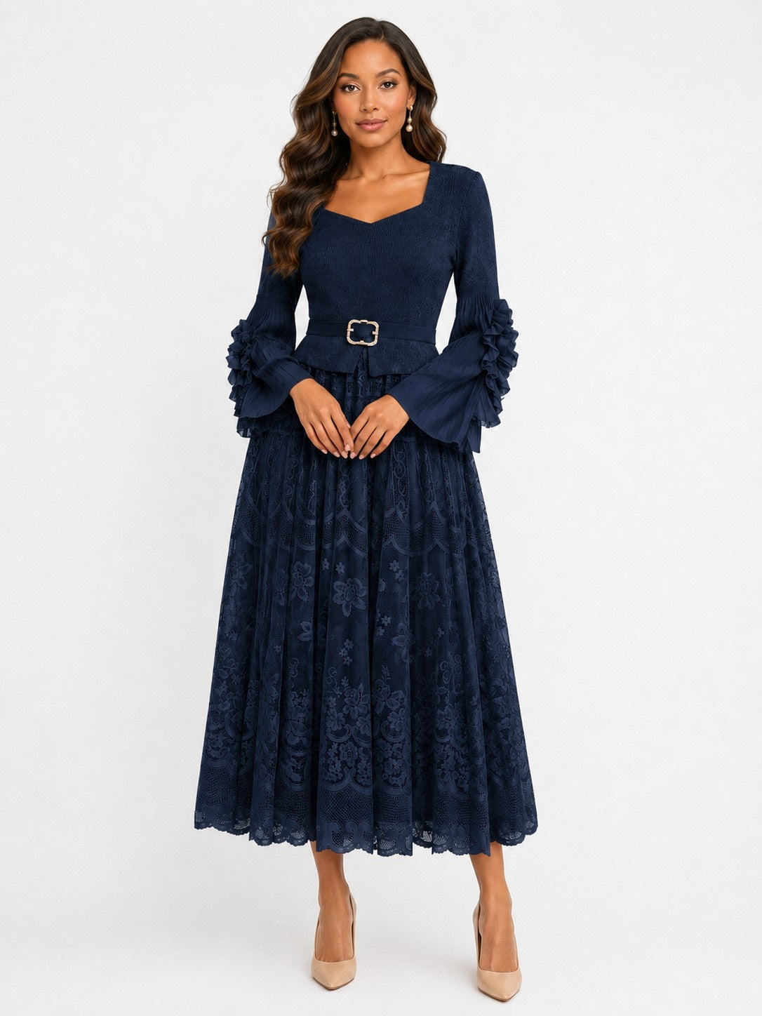 Front view of a model wearing the navy For Her NYC Lace Pleated Midi Dress with Ruffle Sleeves - 83463, featuring a square neckline, belted waist, and floral lace skirt