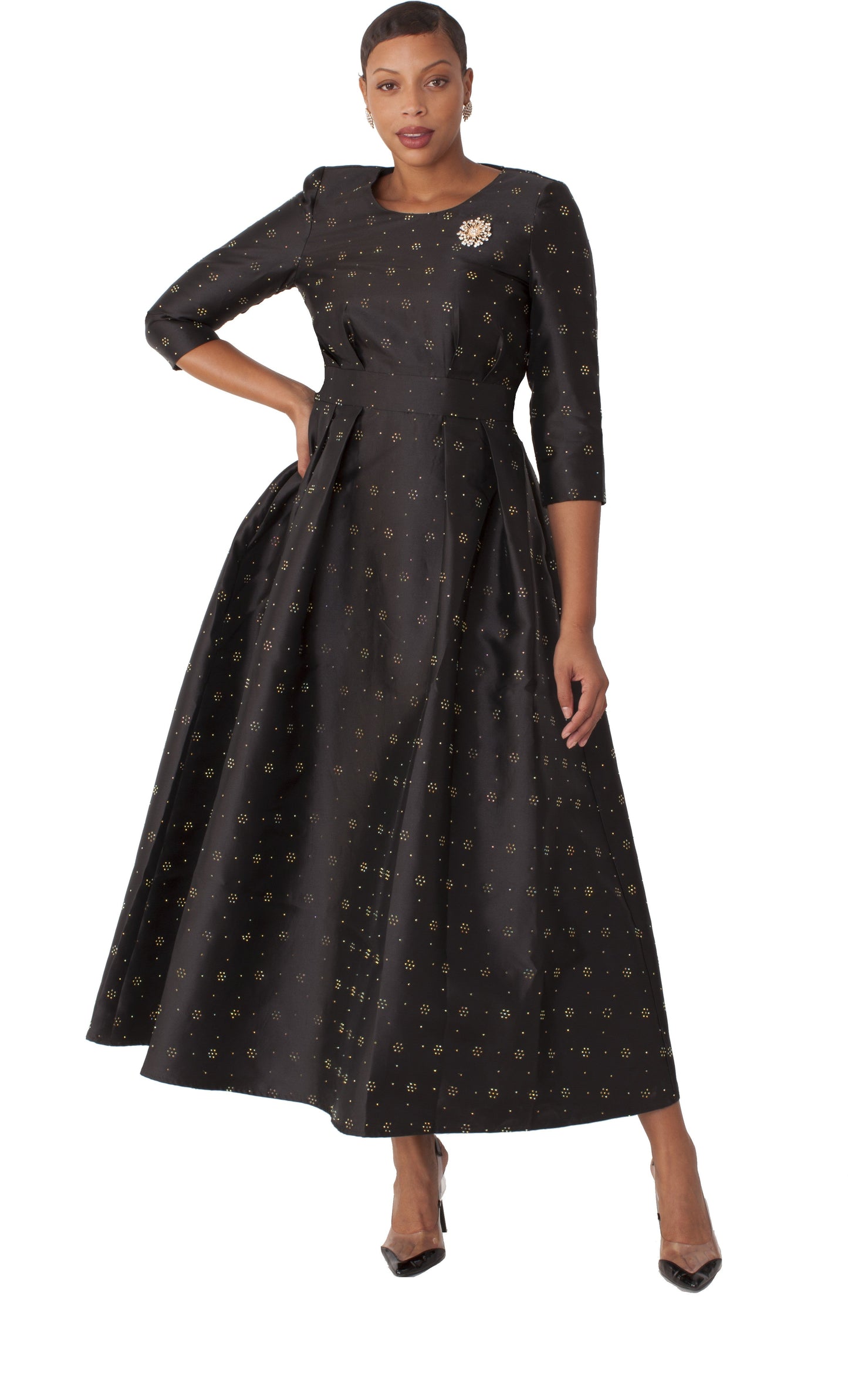 3/4 Sleeve Rhinestone Embellished Church Dress