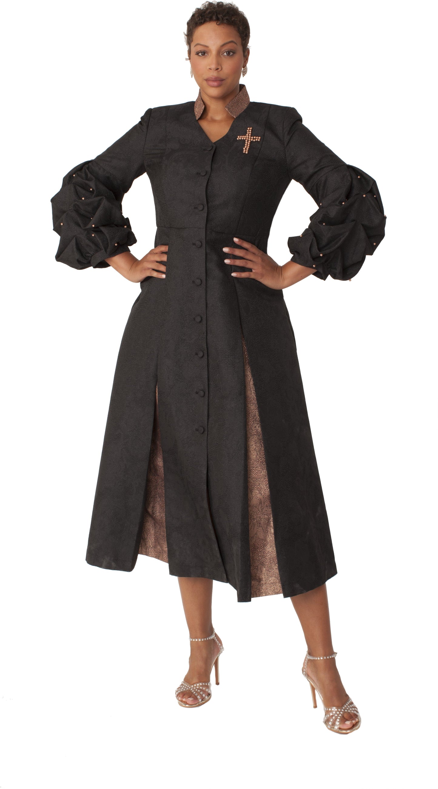 Plus Size Formal Church Coat Dress with Puff Sleeves and Pearl Cross – 4850W