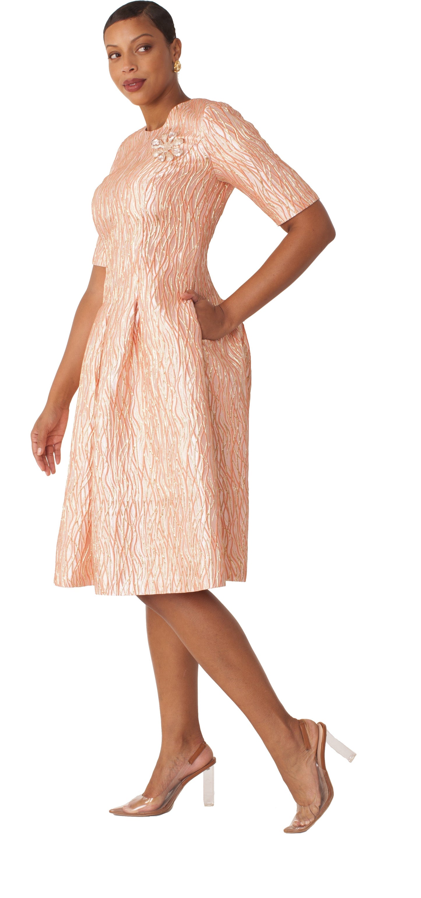 Blush Pink Jacquard Fit & Flare Dress with Brooch