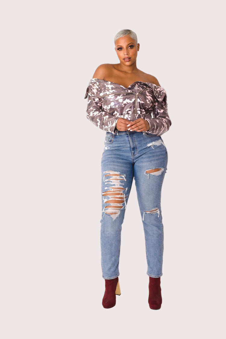 Camo Print Leather Jacket -81923