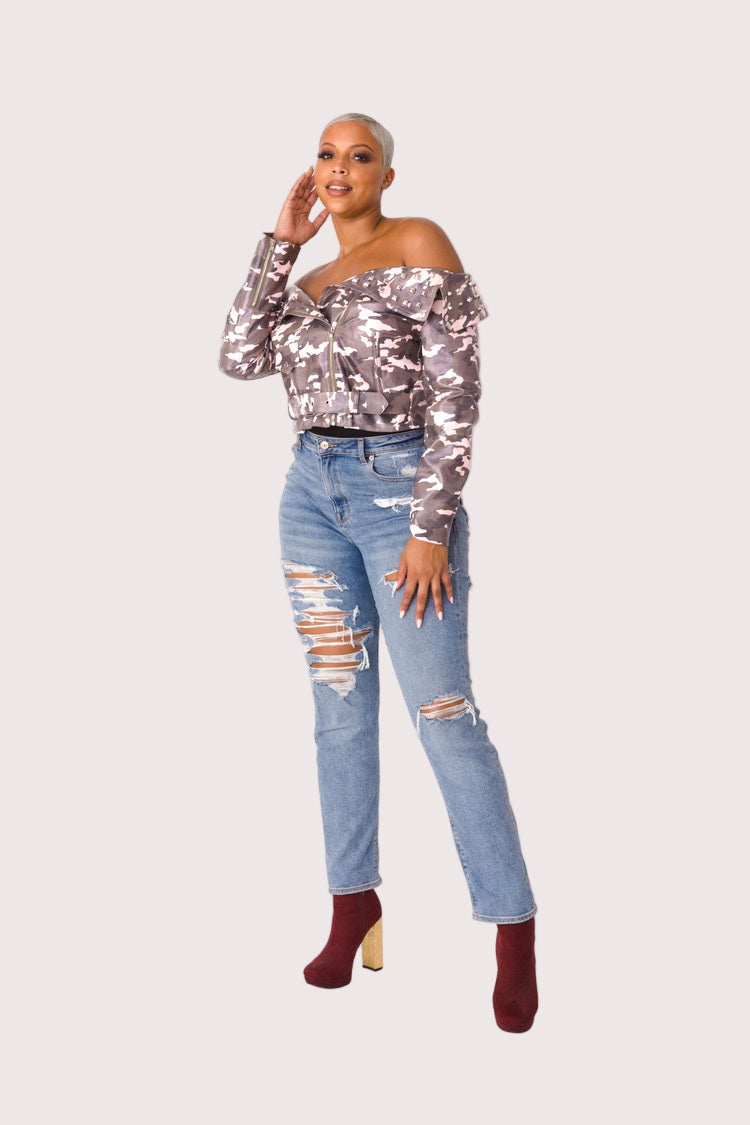 Camo Print Leather Jacket -81923