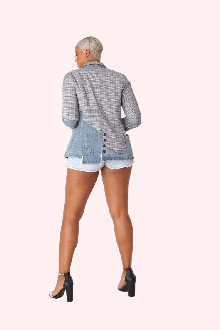 Mixed Denim and Print Blazer Jacket- 81739
