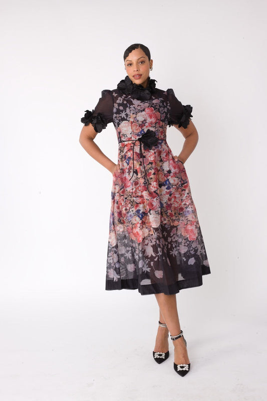 Romantic Floral Midi Dress with Organza Details -82486