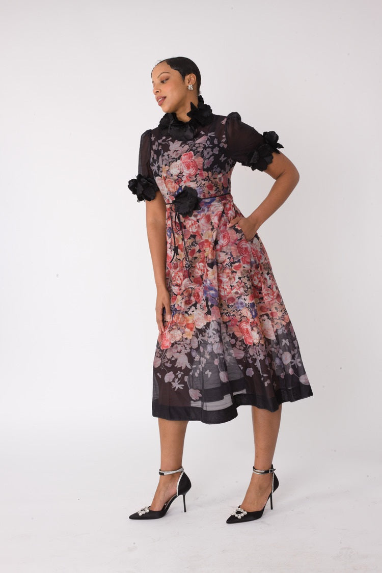 Romantic Floral Midi Dress with Organza Details -82486