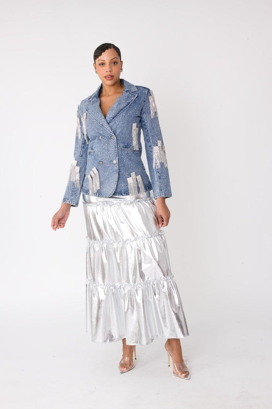 Silver Metallic Tiered Maxi Skirt -82477