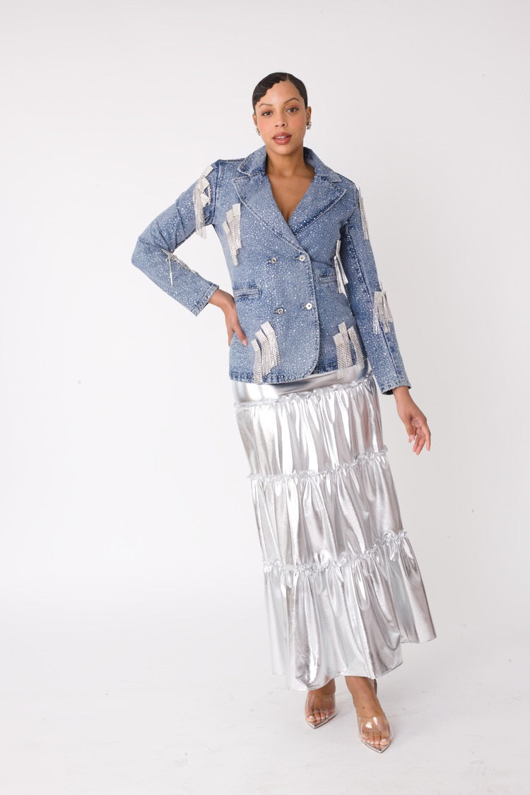 Silver Metallic Tiered Maxi Skirt -82477