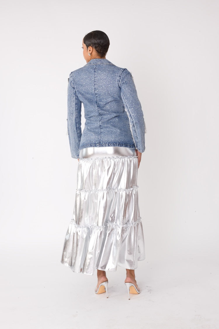 Silver Metallic Tiered Maxi Skirt -82477