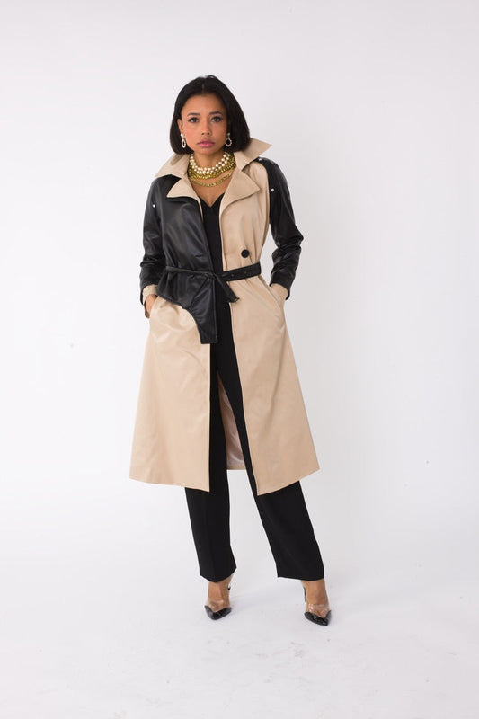 Two-Tone Leather Sleeve Trench Coat -82525