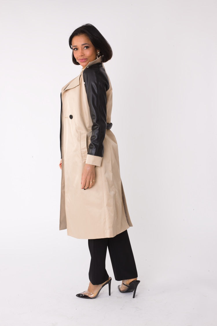 Two-Tone Leather Sleeve Trench Coat -82525