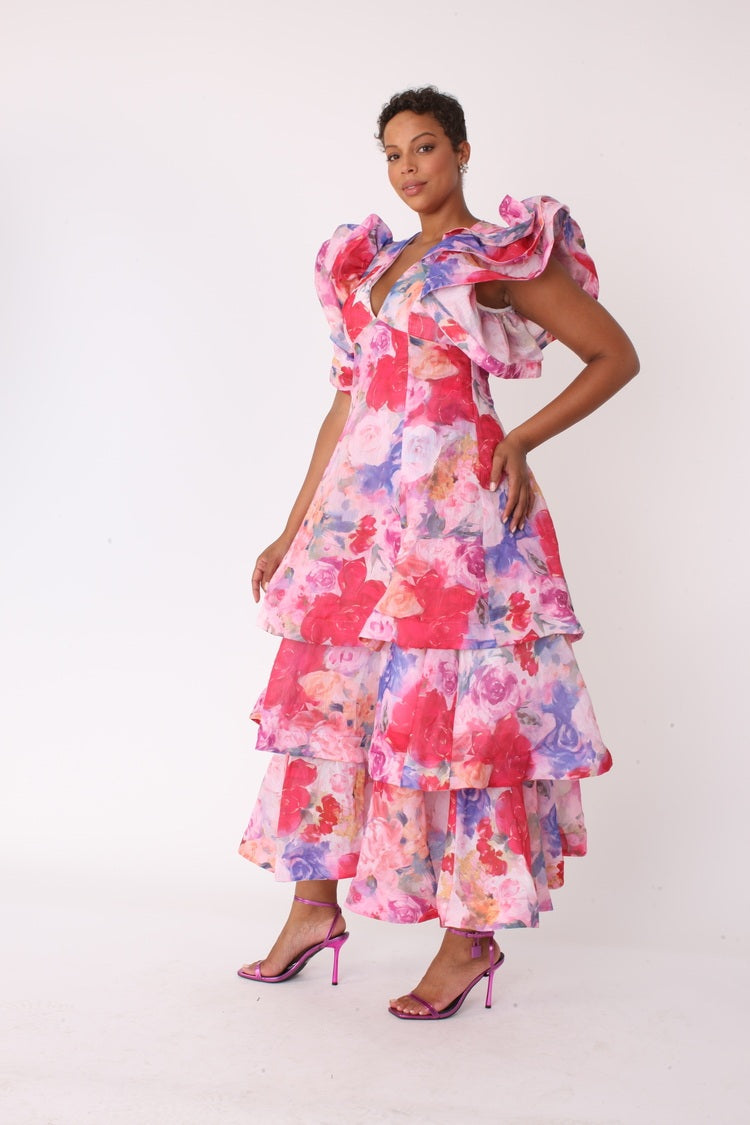 Watercolor Floral Tiered Midi Dress - 82663