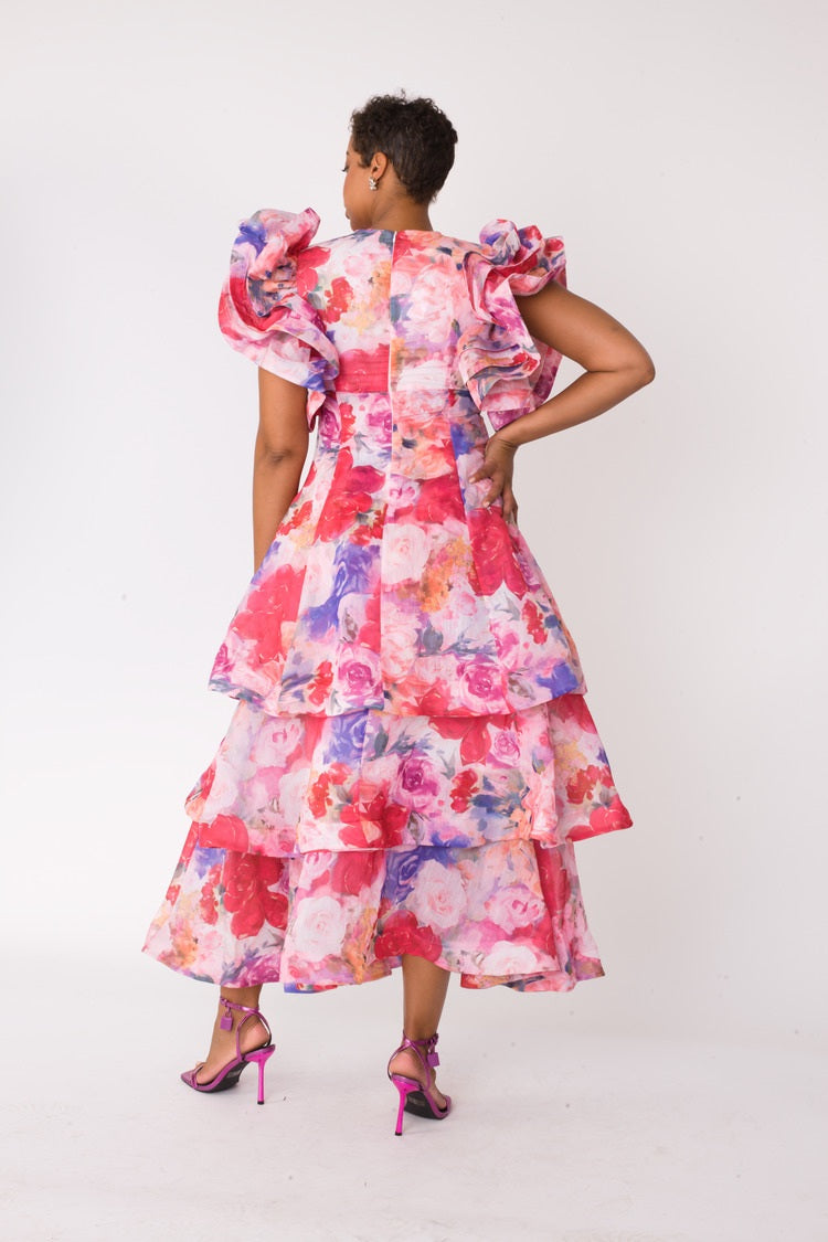 Watercolor Floral Tiered Midi Dress - 82663