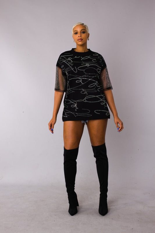 Rhinestone Script Mesh Sleeve Top 82235 – Glamorous Black Blouse