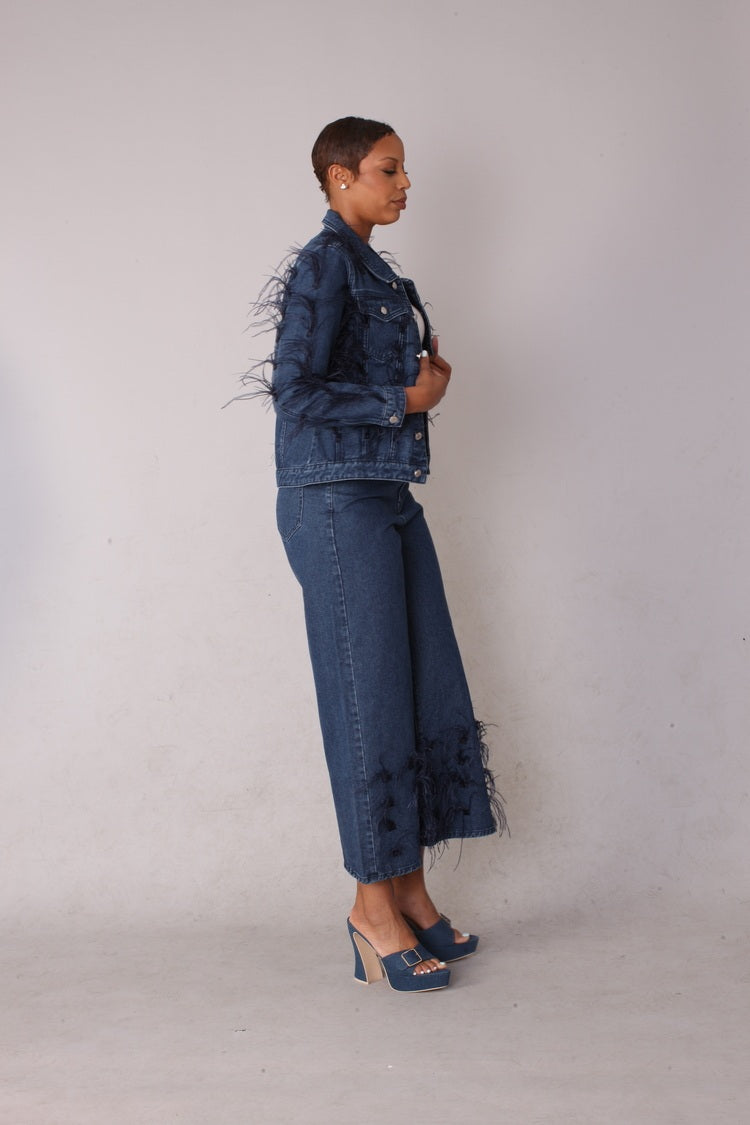 Feather Trim Wide Leg Jeans - 82304