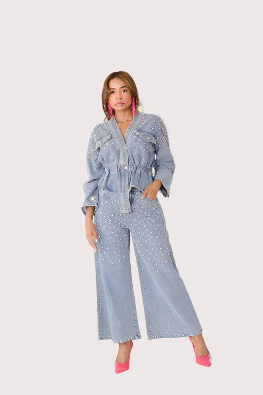 Pearl Cascade Peplum Denim Jacket - 82325