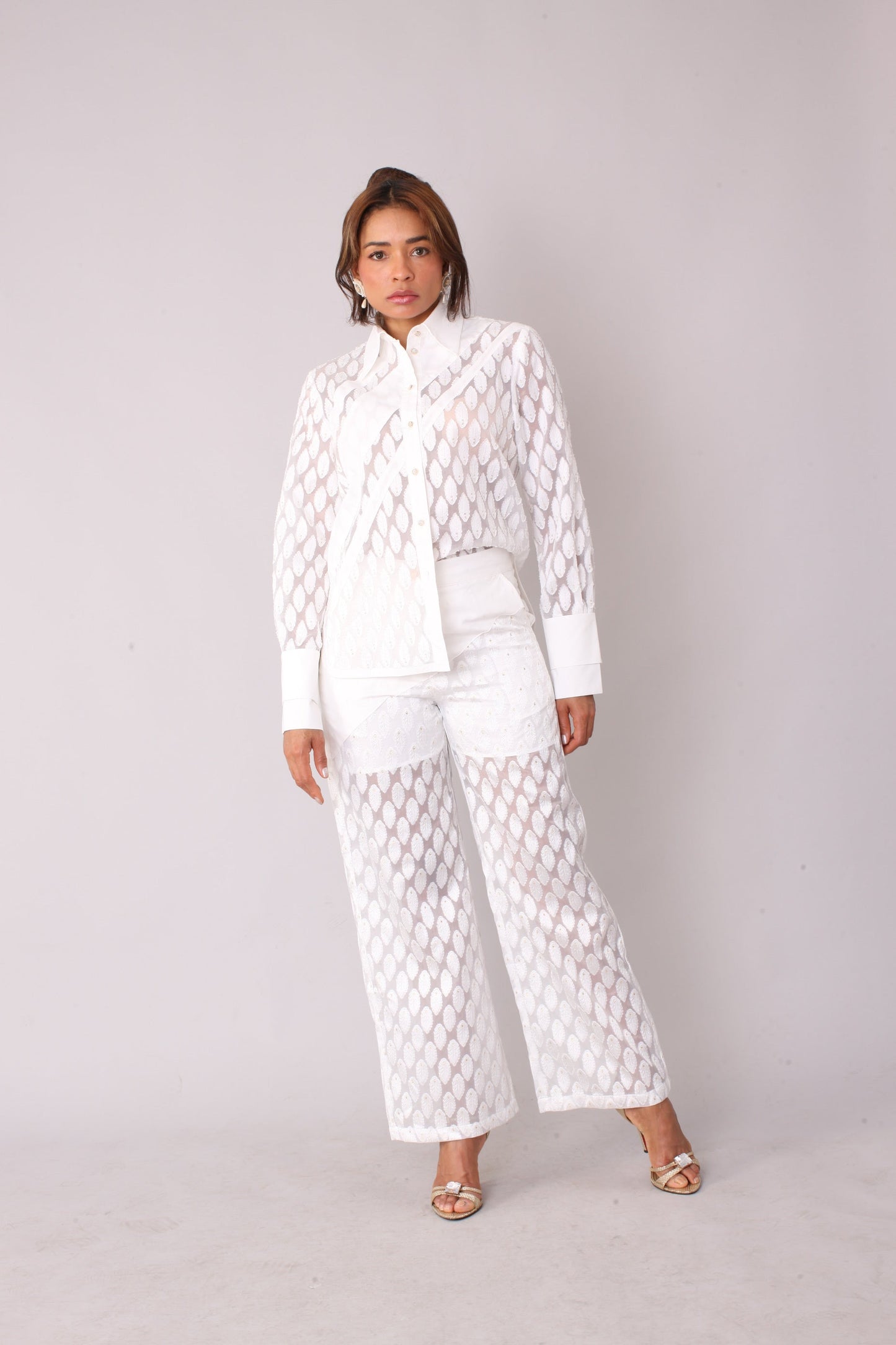 Eyelet Tulle Top 82338 – Feather Pattern Sheer Blouse