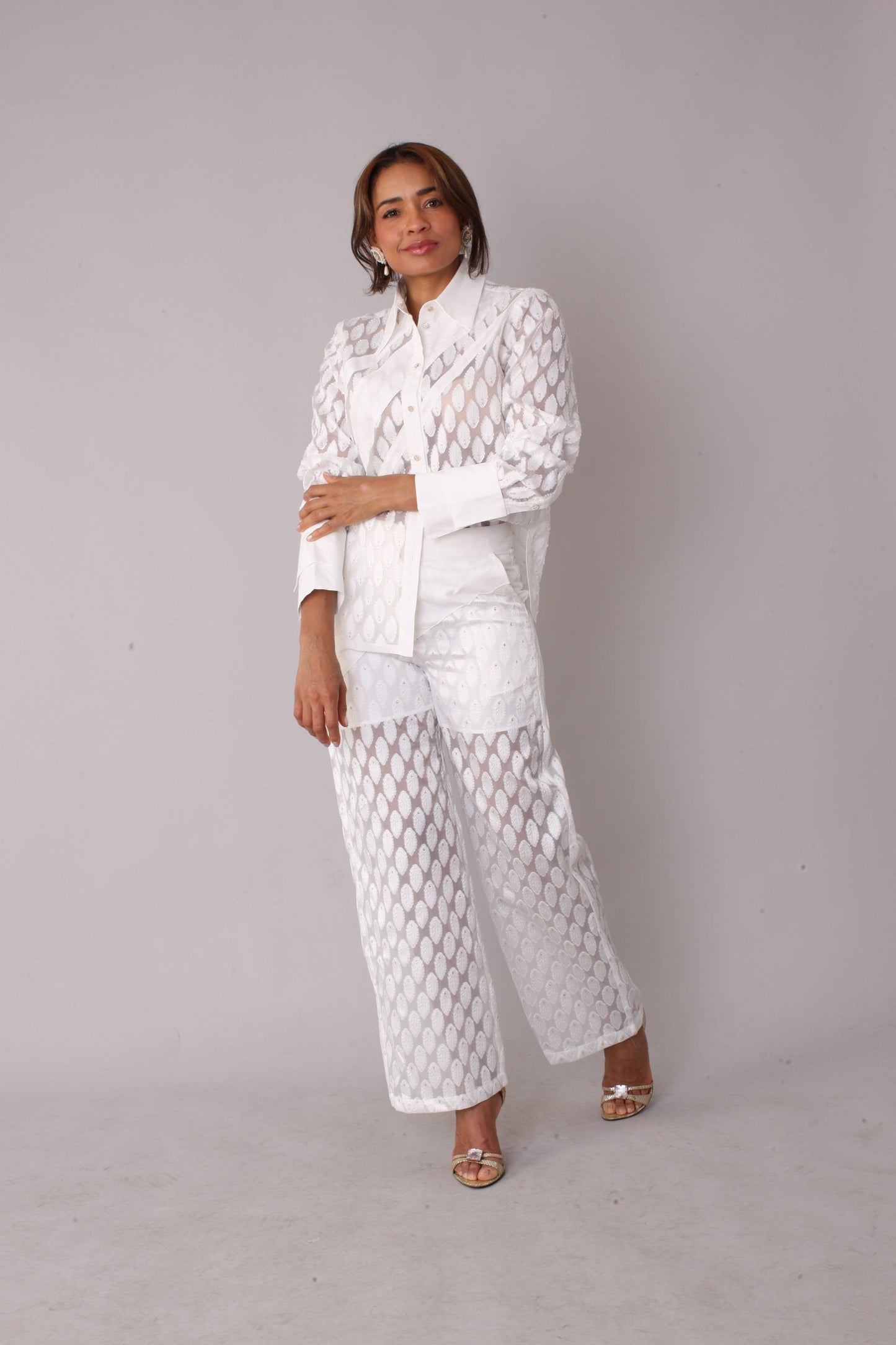Eyelet Tulle Top 82338 – Feather Pattern Sheer Blouse