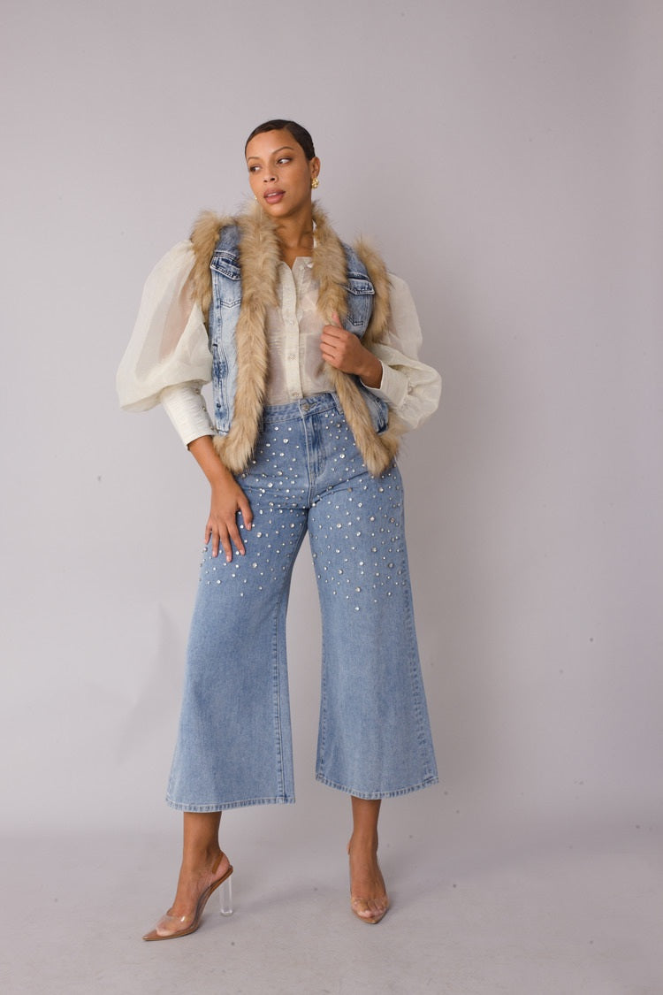Denim Vest with Faux Fur Trim