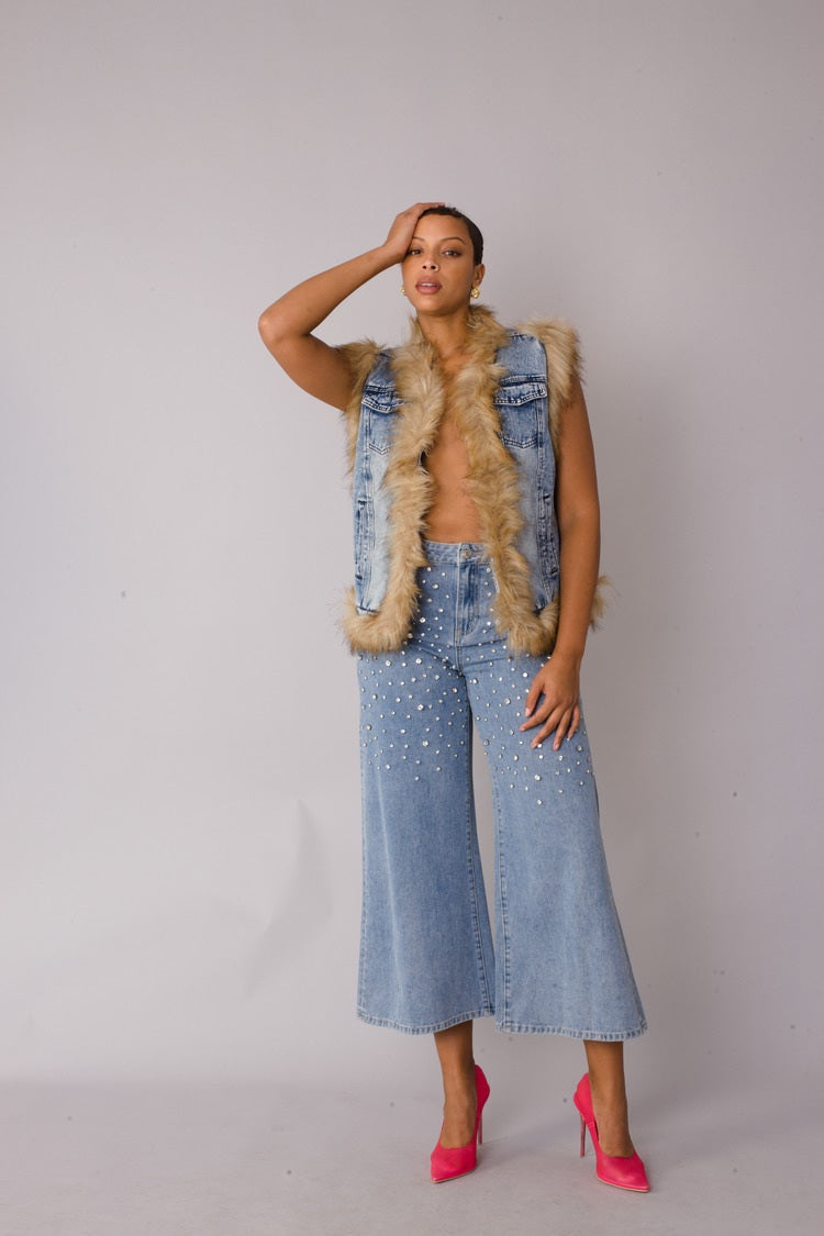 Denim Vest with Faux Fur Trim