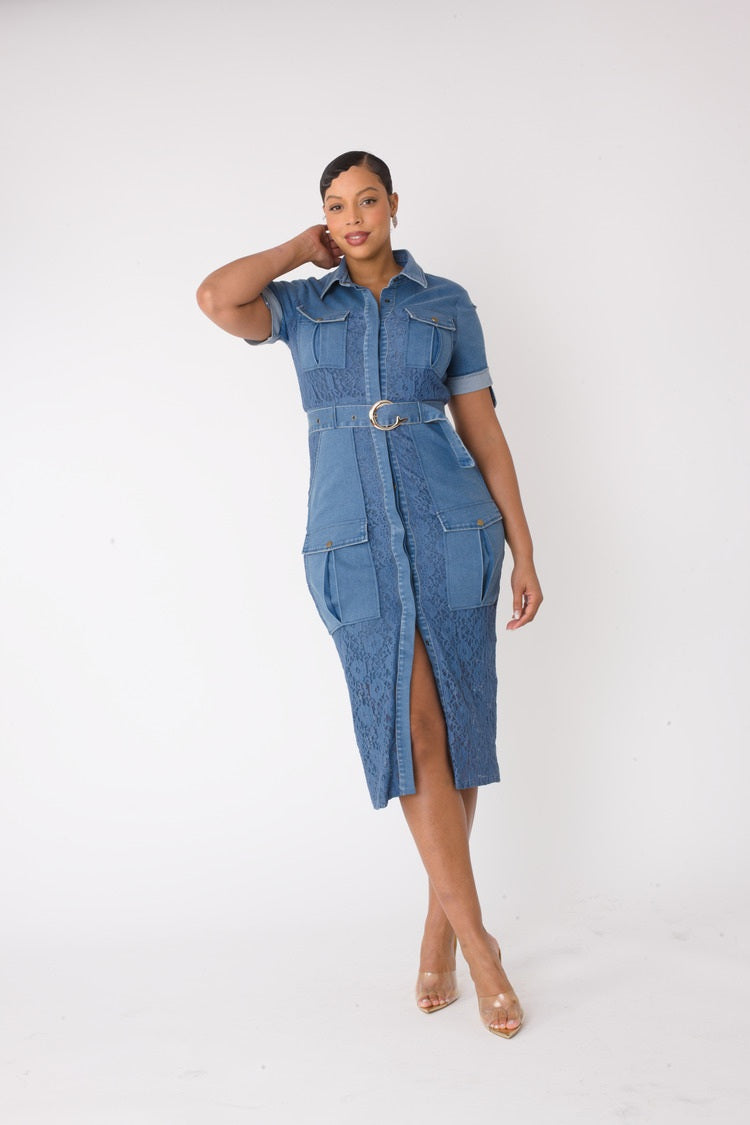 Denim blue midi dress front view showing lace trim, belted waist, and functional pockets.
