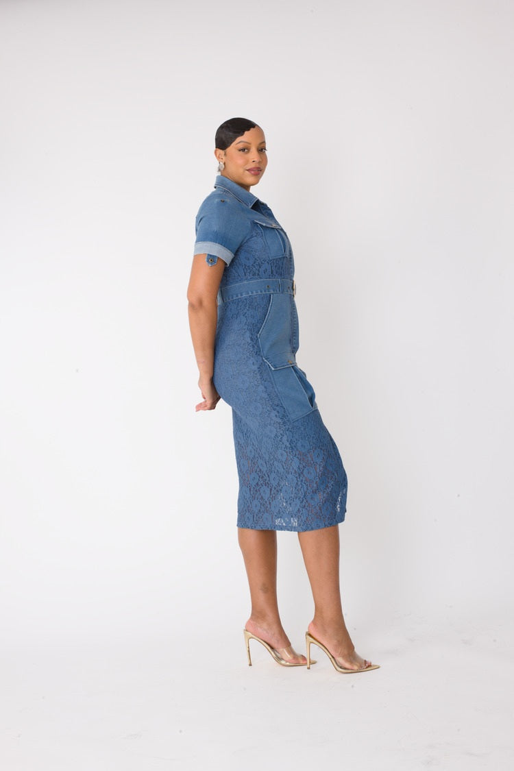 Side angle of denim lace trimmed midi dress showcasing fabric detail and modern casual style.