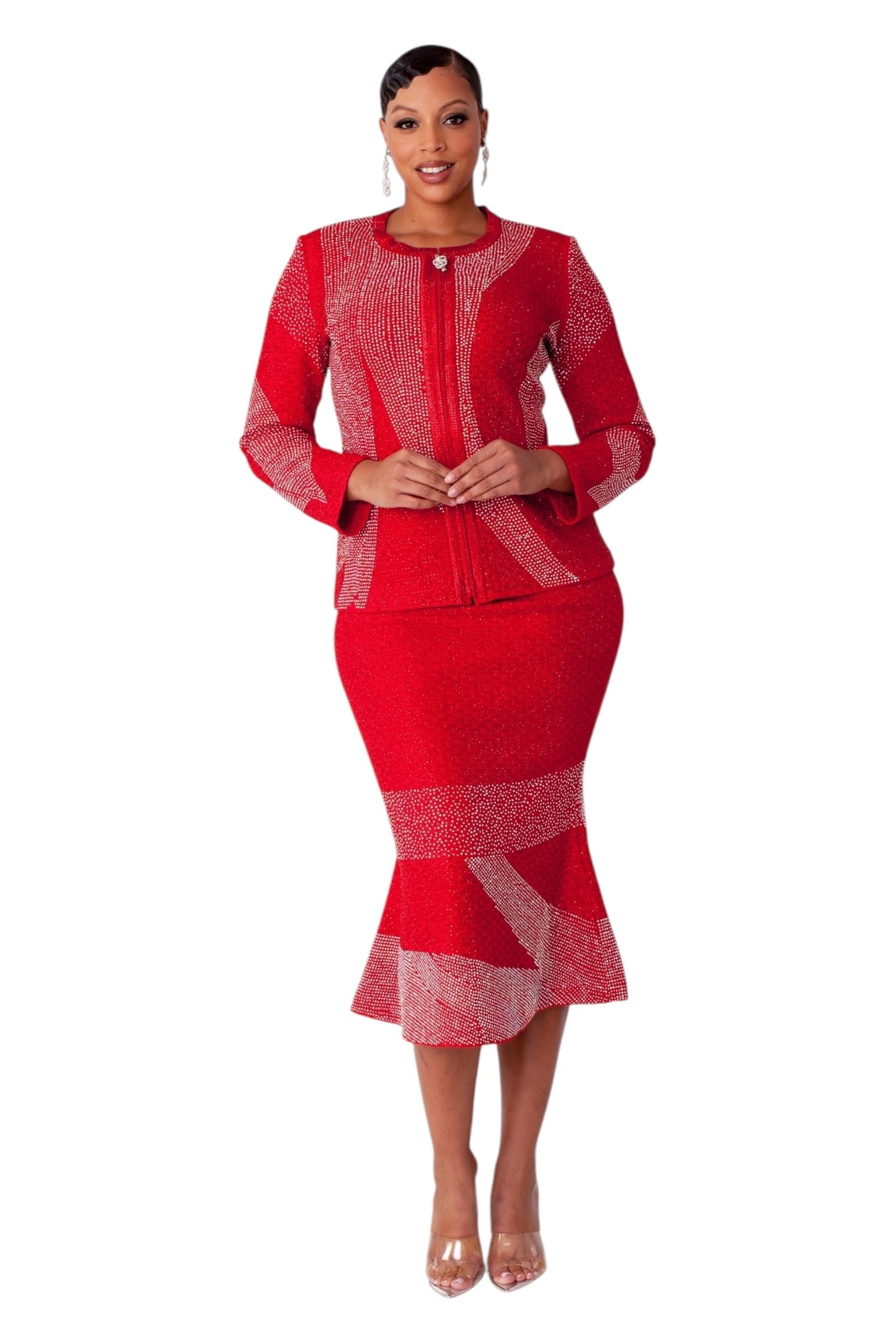 Liora Knit Red church  crystal skirt suit set with crystal embellishments – style 7312 by Tally Taylor