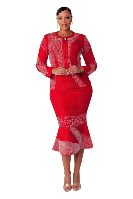 Liora Knit Red church  crystal skirt suit set with crystal embellishments – style 7312 by Tally Taylor  