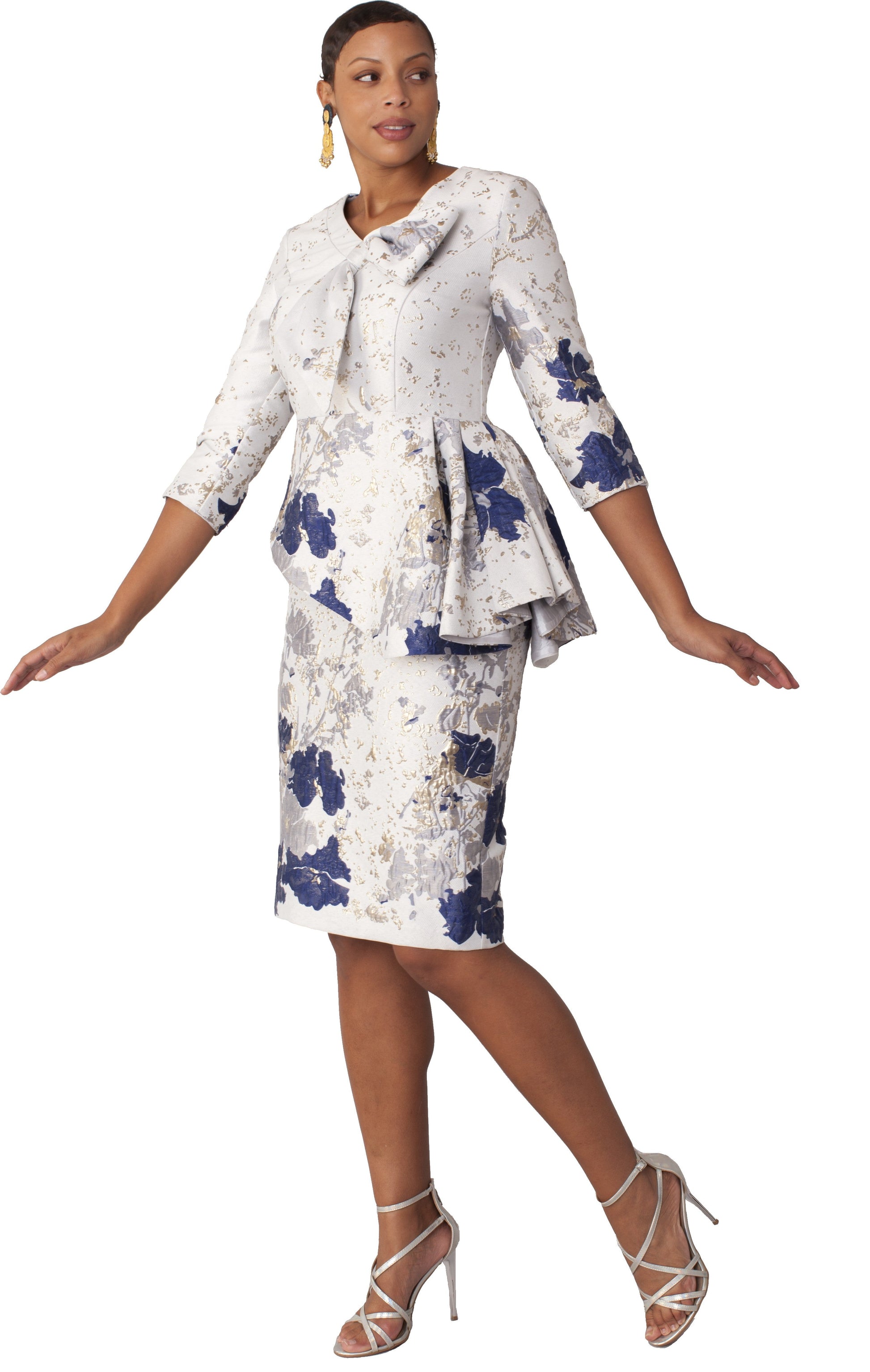 Floral Jacquard Peplum Dress with Side Drape