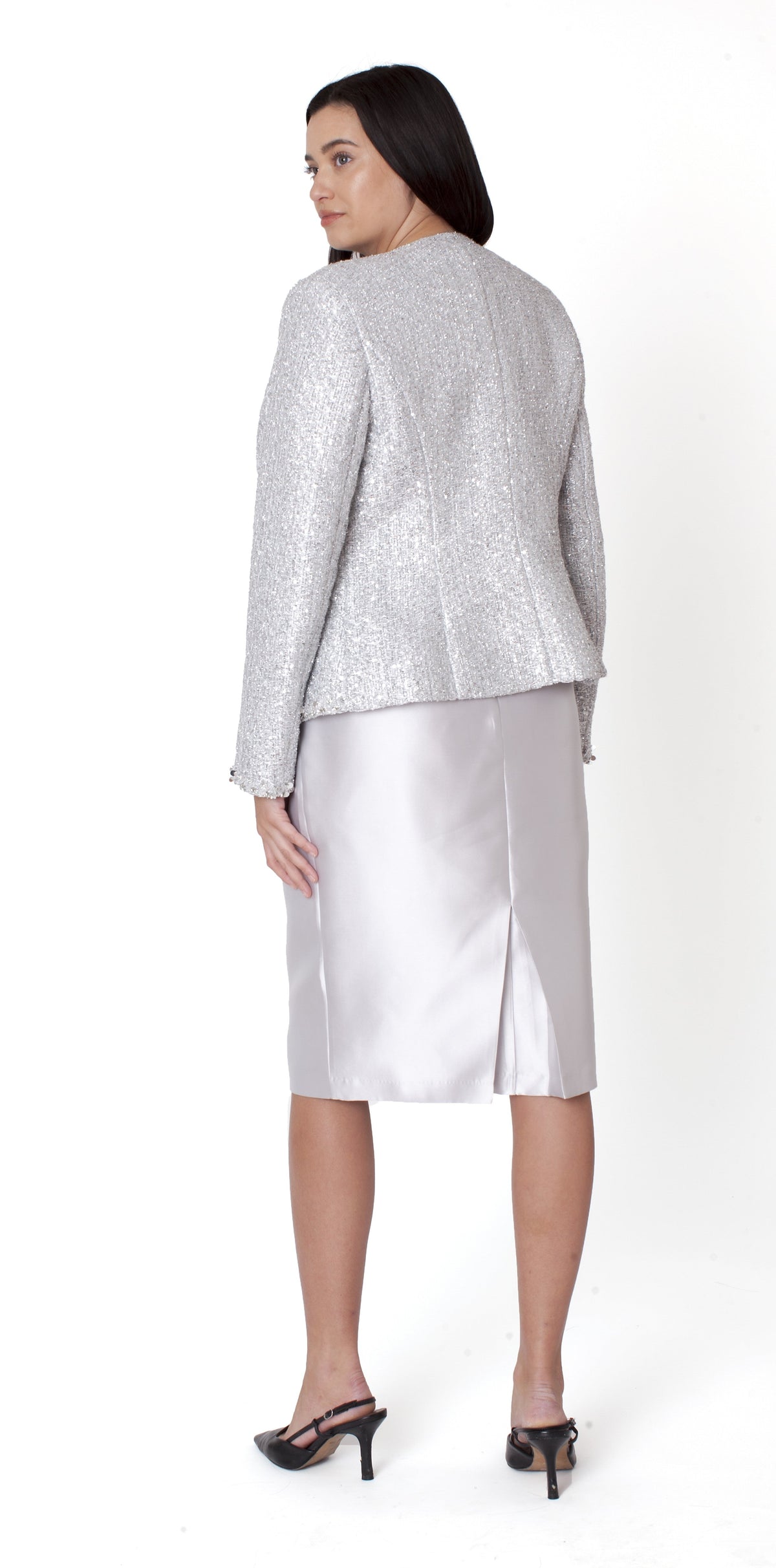 Silver metallic jacket church dress set 41096 side view showing tailored silhouette and knee-length satin sheath profile – Tally Taylor