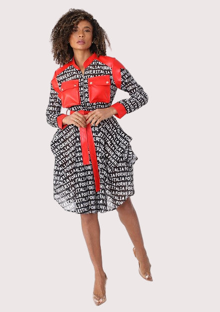 Belted Graphic Print Jacket Dress with Leather Trim- 82006