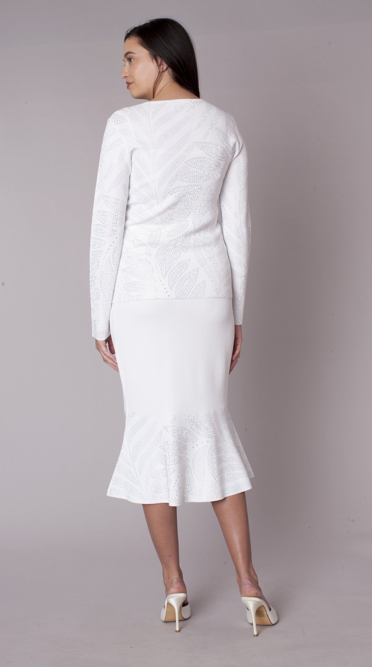 White rhinestone knit jacket and mermaid skirt set 5396 back view showing clean fitted silhouette and flared mermaid hem – Tally Taylor
