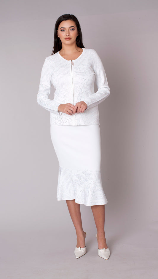White rhinestone knit jacket and mermaid skirt set 5396 front view with model standing straight, long sleeve embellished knit jacket and fitted midi mermaid skirt – Tally Taylor