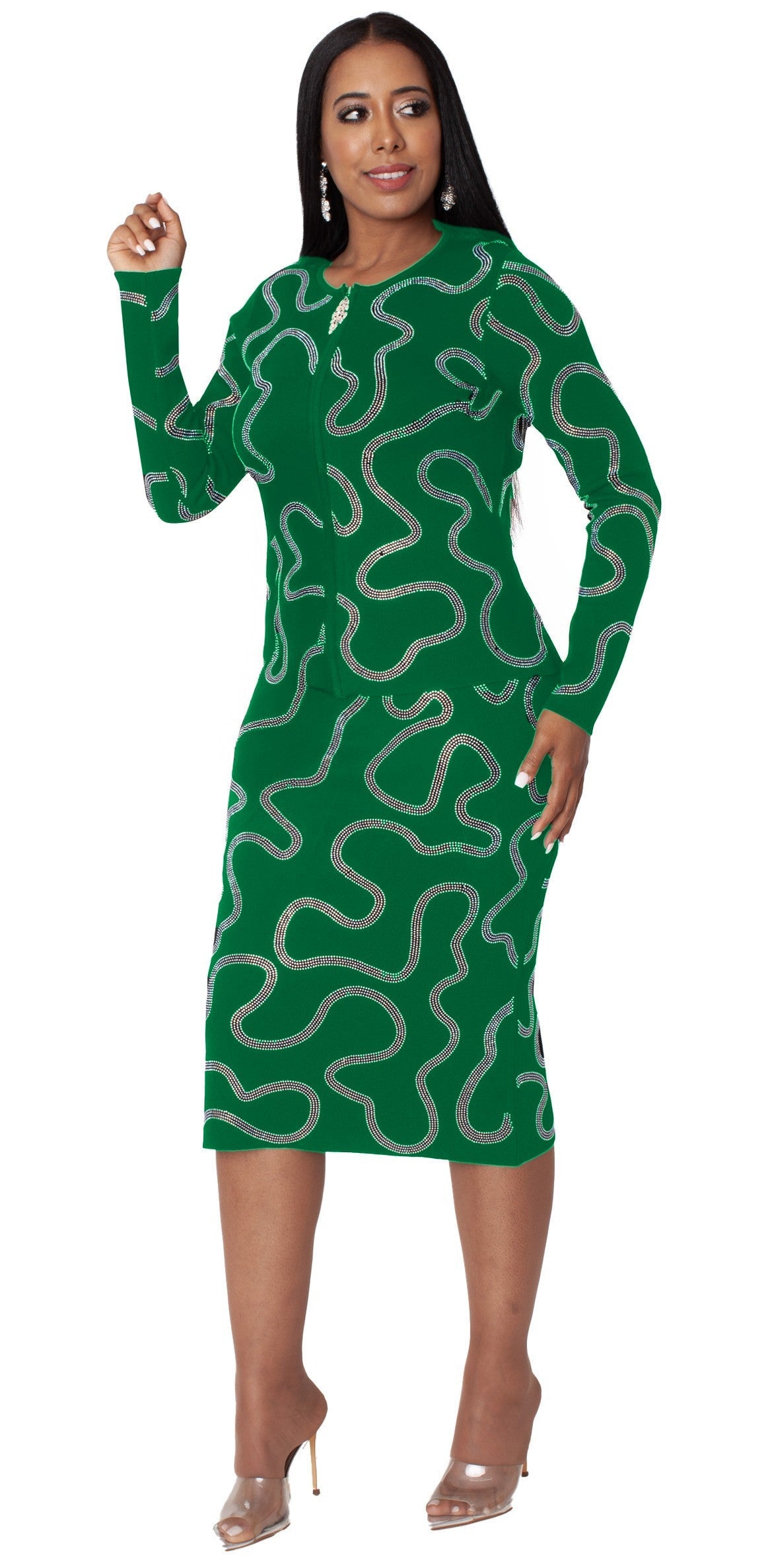 Rhinestone Wave Knit Skirt Set - 5381
