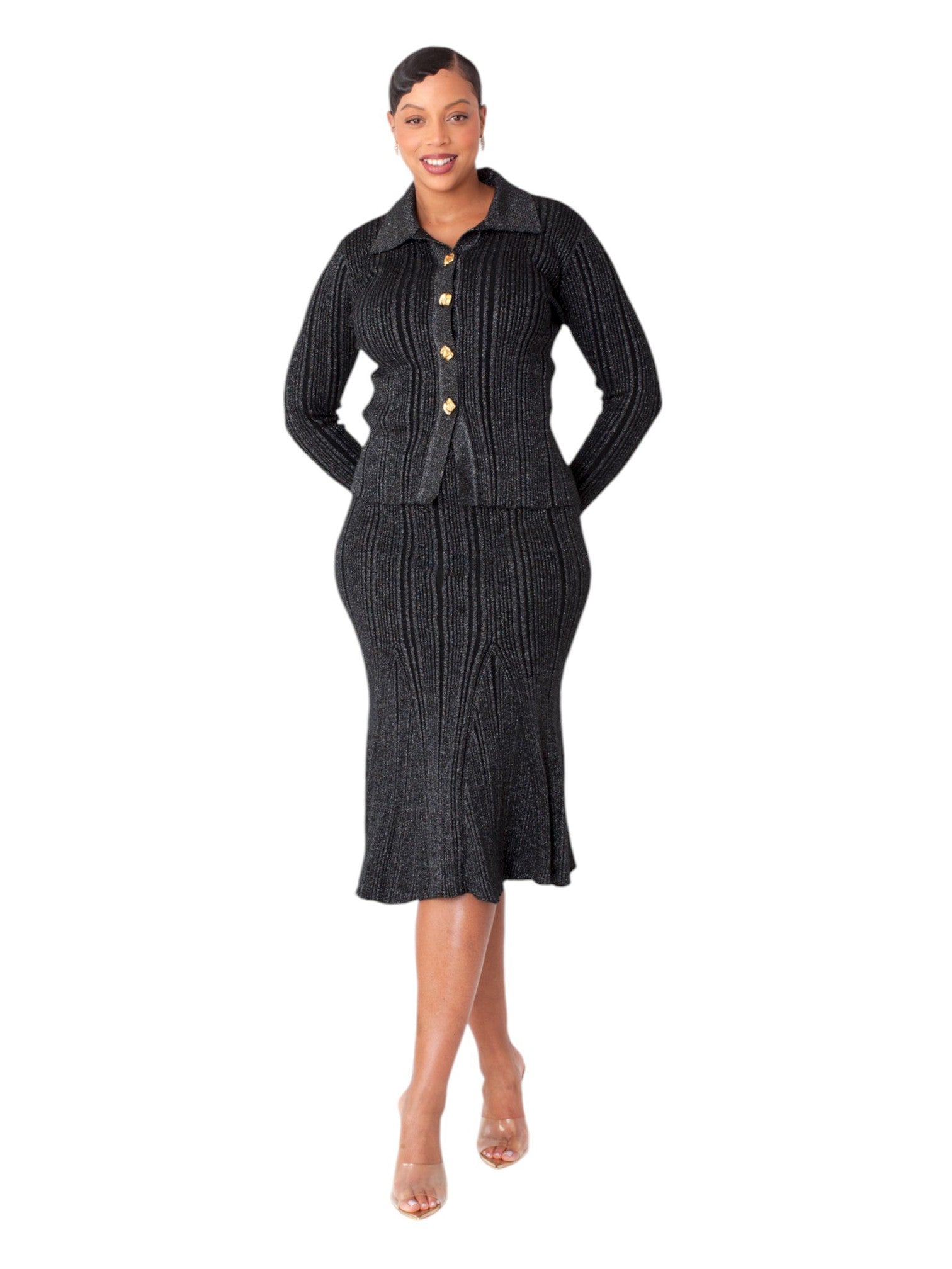 Black Metallic Sheen Ribbed Knit Set