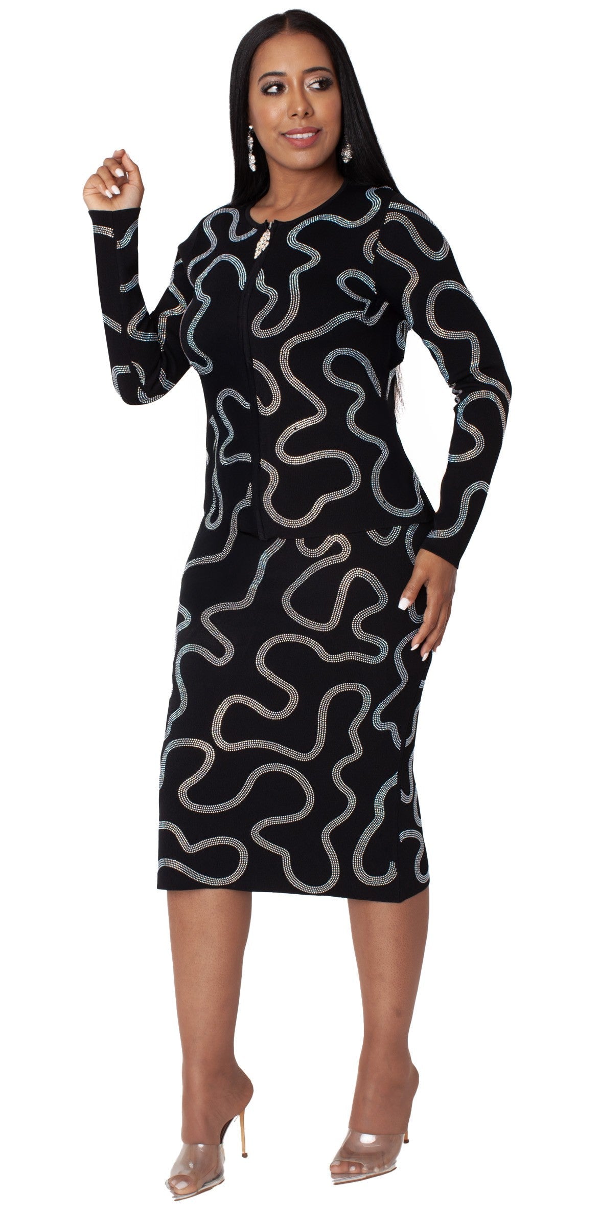 Rhinestone Wave Knit Skirt Set - 5381