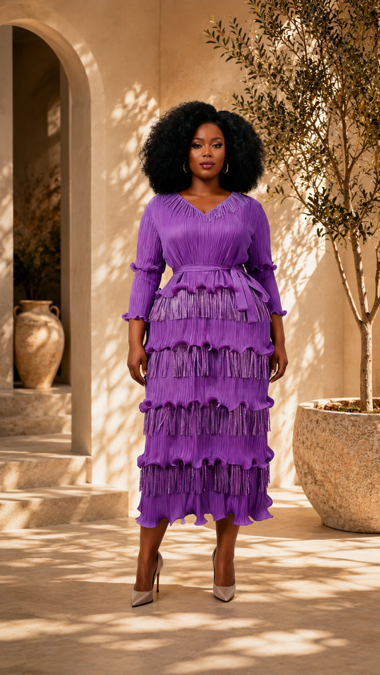 Woman wearing a purple pleated midi dress with tiered fringe layers, ruffle trim, and a defined waist, styled with heels — For Her NYC