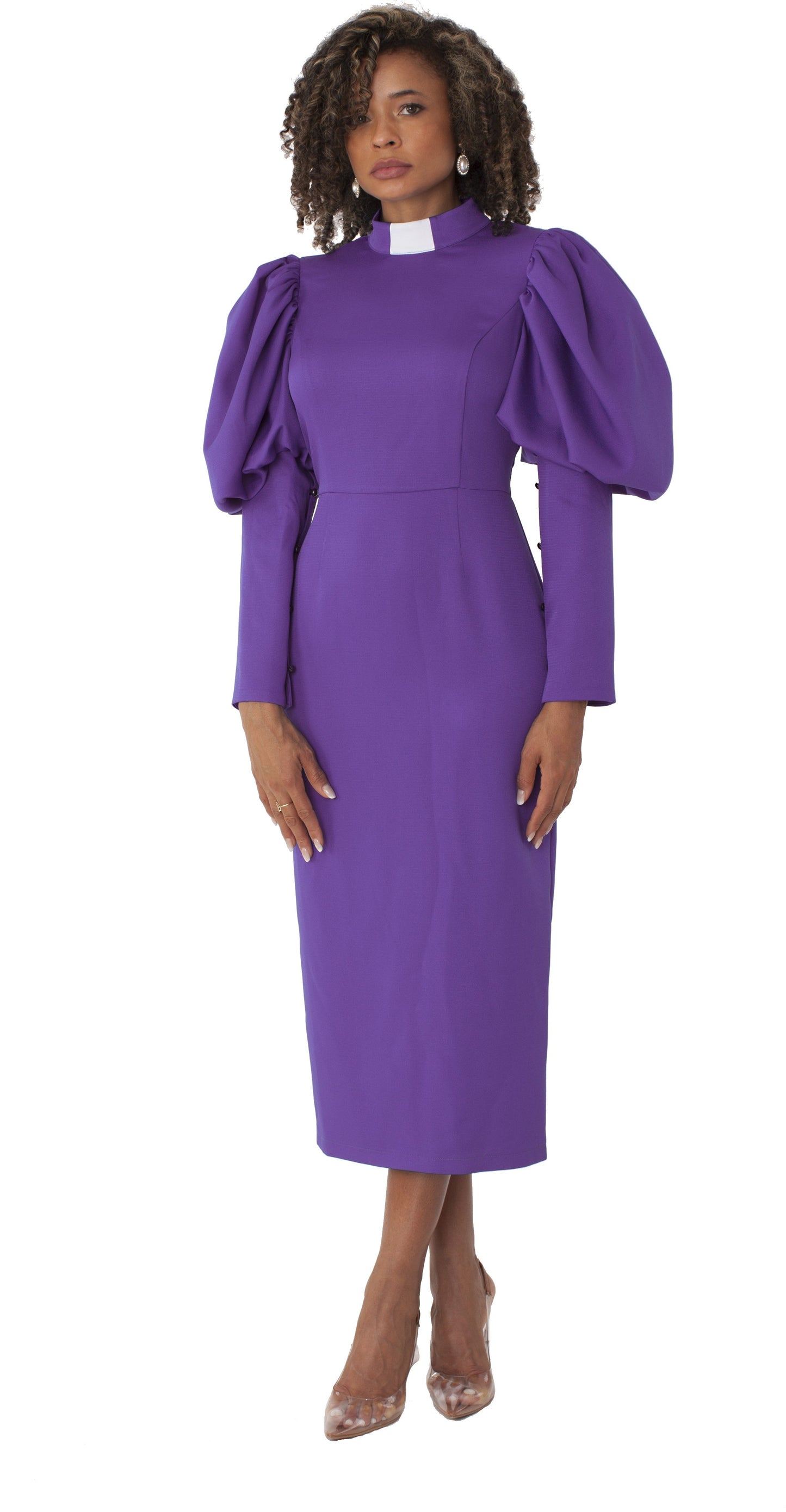 Plus Size Women's Clergy Dress with Puff Sleeves and Classic Collar