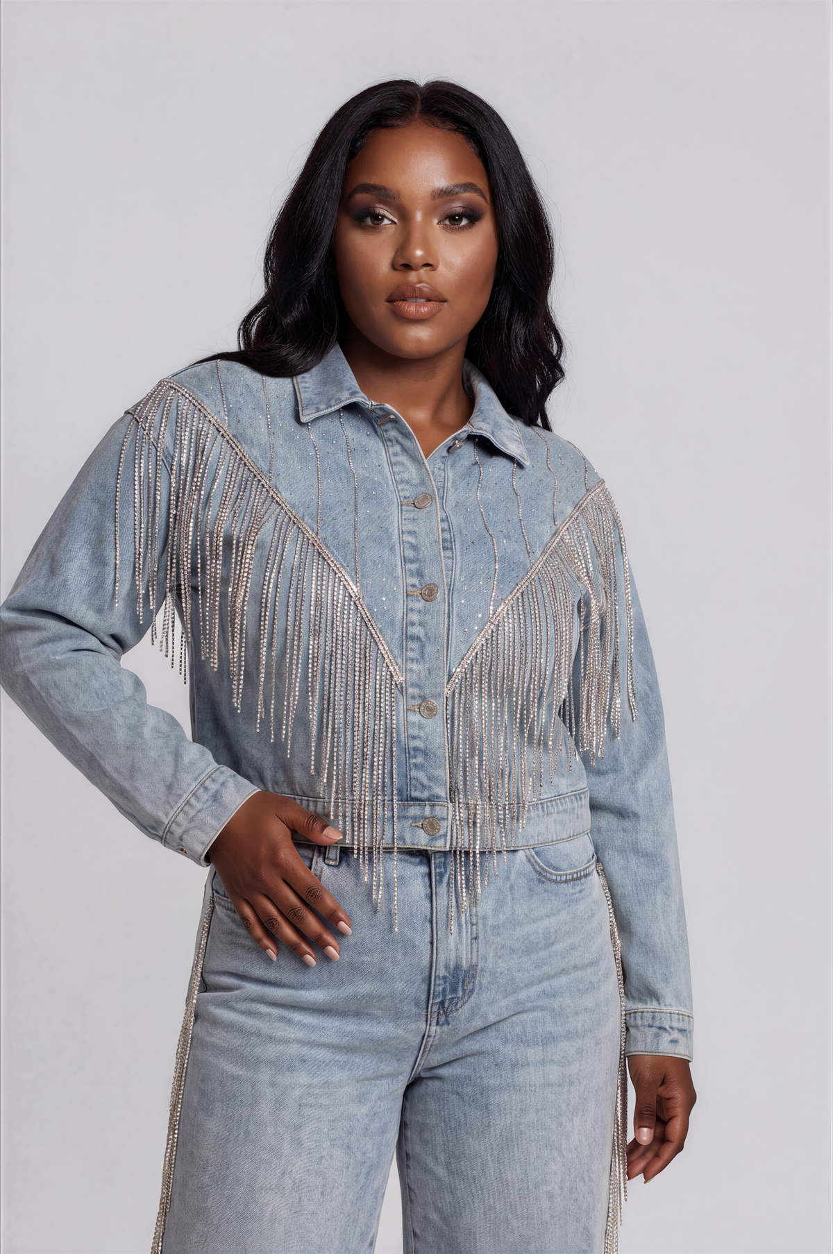 Rhinestone Fringe Denim Jacket – 82938
