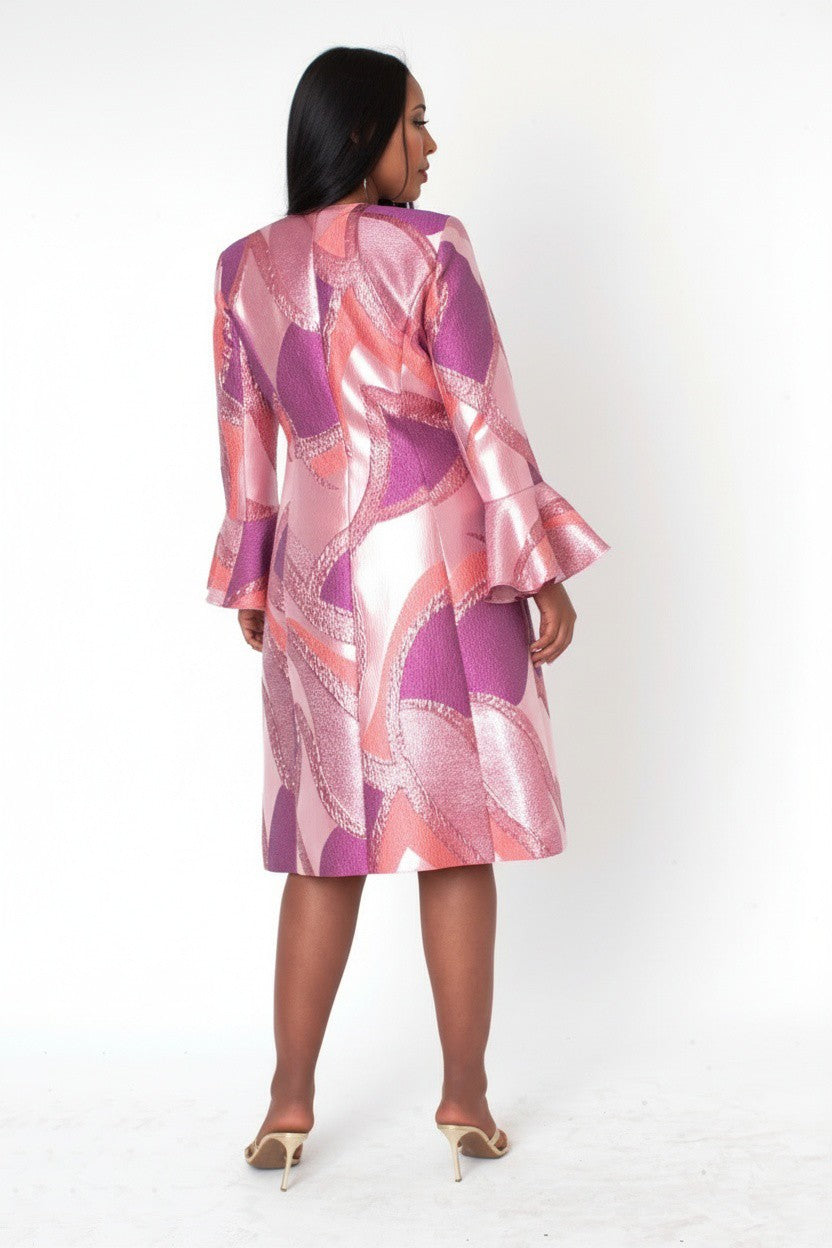 Pink multi abstract print dress and duster set with coordinating duster jacket back view – Tally Taylor