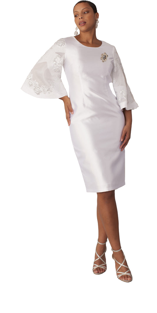 White bell sleeve sheath dress with lace-trimmed sleeves and crystal brooch detail, model standing front pose wearing strappy heels – Tally Taylor