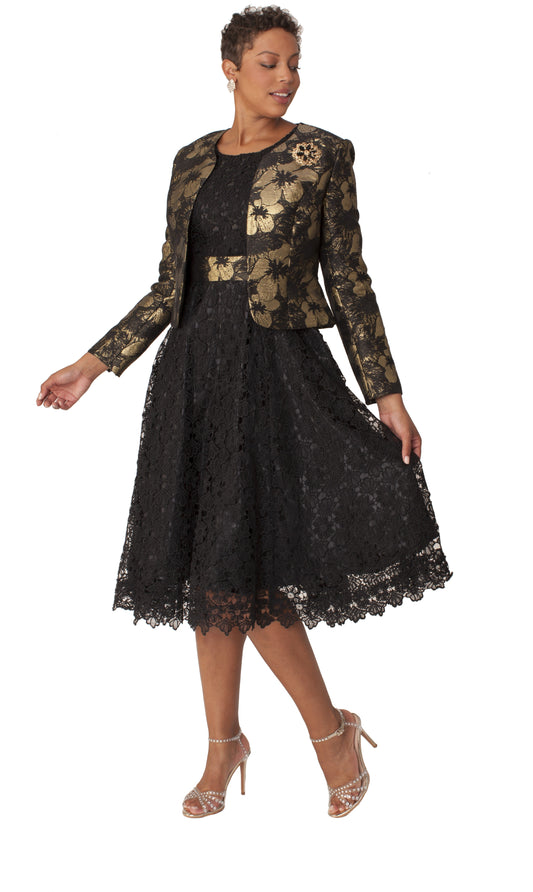 Woman wearing a black fit-and-flare midi dress with a gold floral lace jacket, scalloped lace hem, and coordinating gold belt. Tally Taylor.